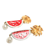 Dolce & Gabbana Red Watermelon Alua Gold Brass Crystal Clip Dangling Earrings