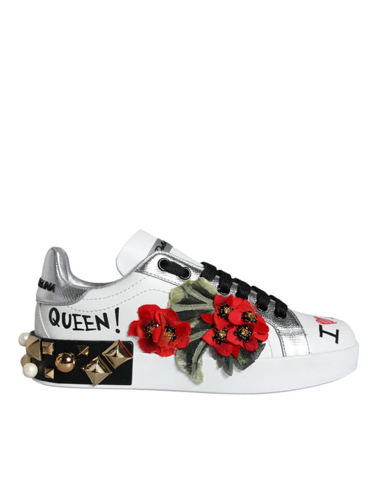 Dolce & Gabbana white leather low top sneakers with floral studs