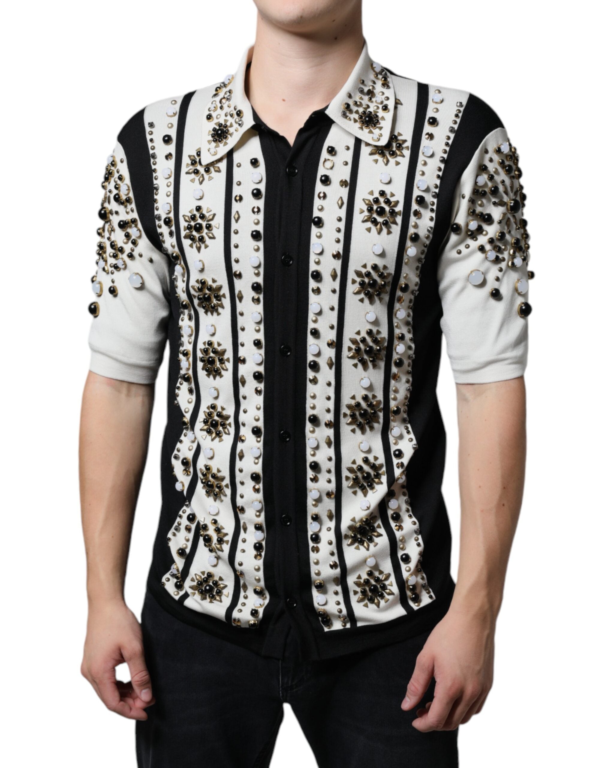 Dolce & Gabbana Crystal-Embellished Silk Shirt – Black/White