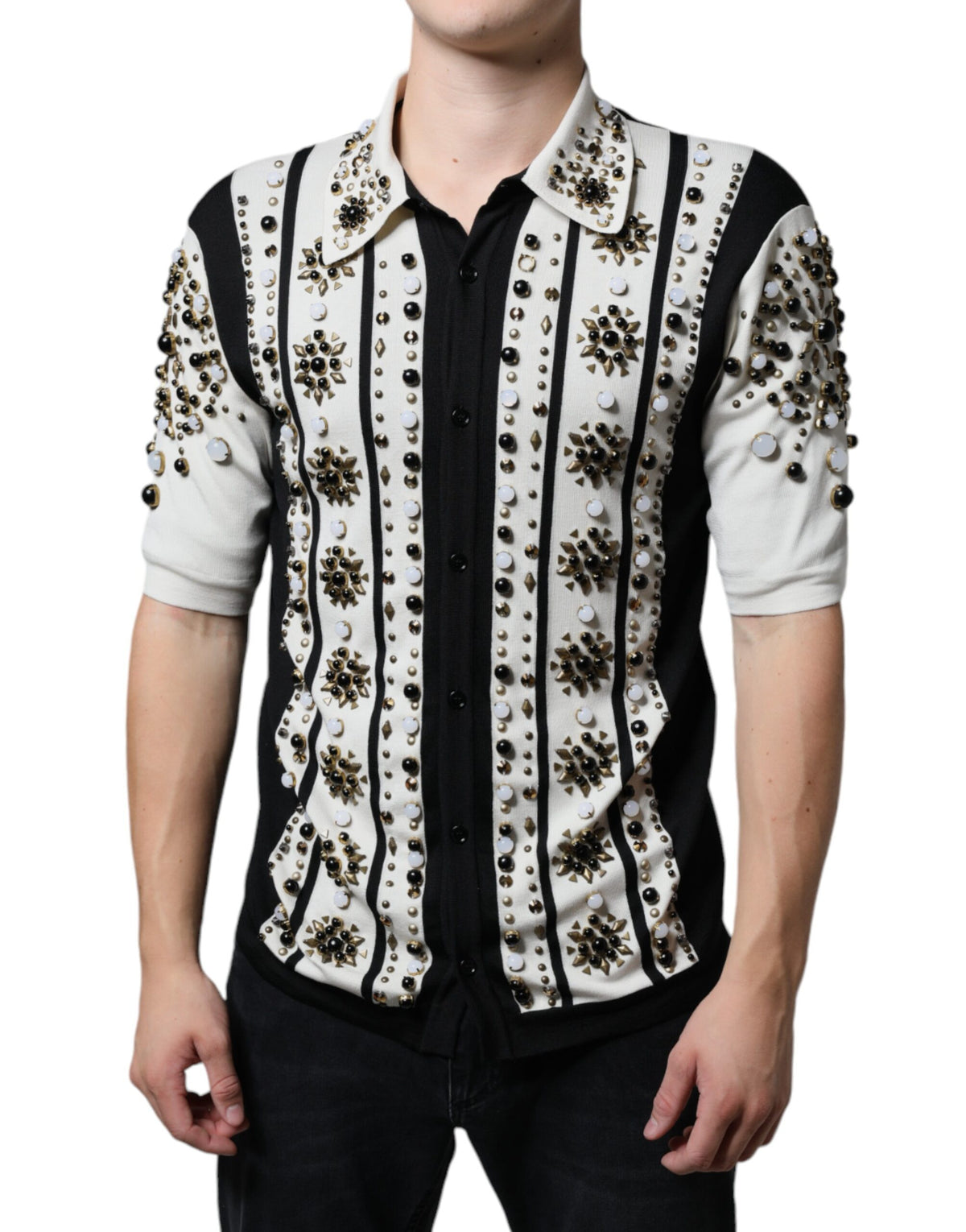Dolce & Gabbana Crystal-Embellished Silk Shirt – Black/White