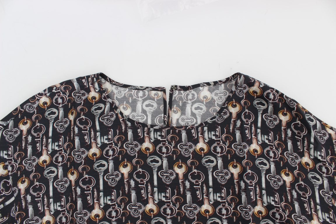 Dolce & Gabbana Gray Gold Key Print Silk Blouse T-shirt