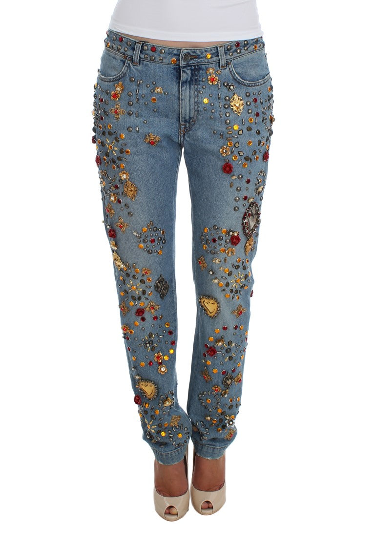 Dolce & Gabbana light blue boyfriend jeans with crystal heart and roses