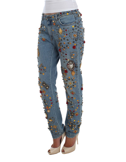 Dolce & Gabbana light blue boyfriend jeans with crystal heart and roses