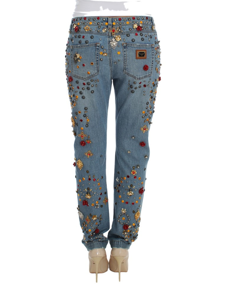 Dolce & Gabbana light blue boyfriend jeans with crystal heart and roses