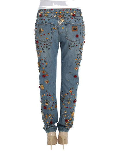 Dolce & Gabbana light blue boyfriend jeans with crystal heart and roses