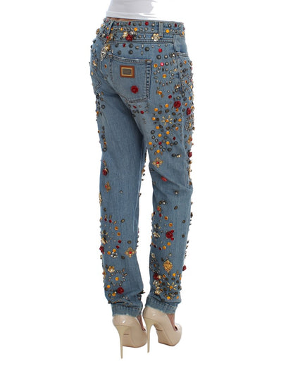 Dolce & Gabbana light blue boyfriend jeans with crystal heart and roses