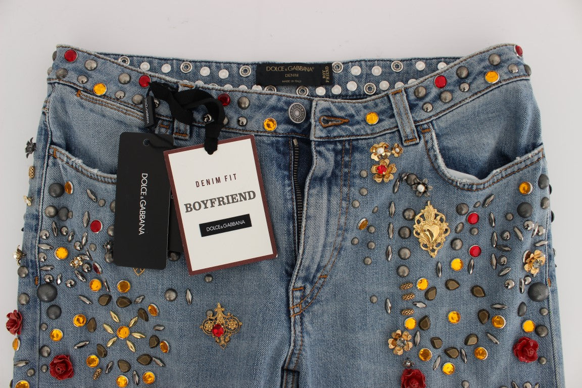 Dolce & Gabbana light blue boyfriend jeans with crystal heart and roses
