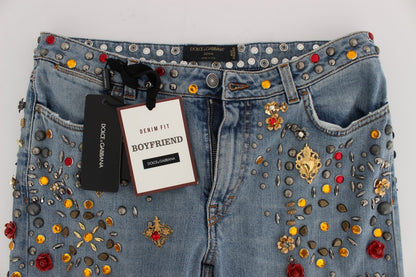 Dolce & Gabbana light blue boyfriend jeans with crystal heart and roses
