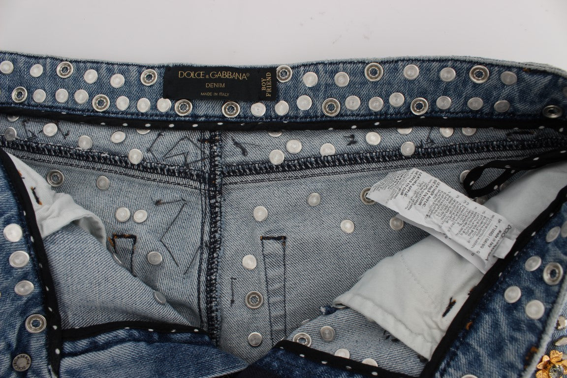Dolce & Gabbana light blue boyfriend jeans with crystal heart and roses