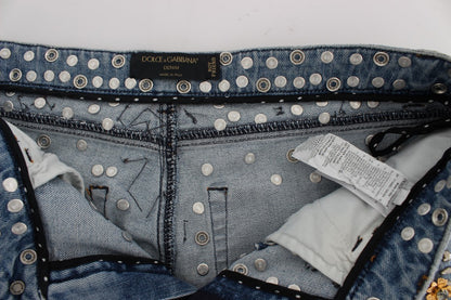 Dolce & Gabbana light blue boyfriend jeans with crystal heart and roses