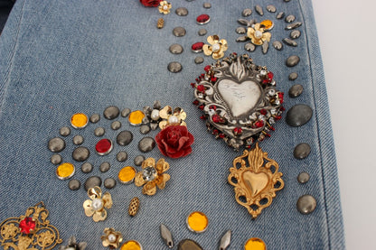 Dolce & Gabbana light blue boyfriend jeans with crystal heart and roses