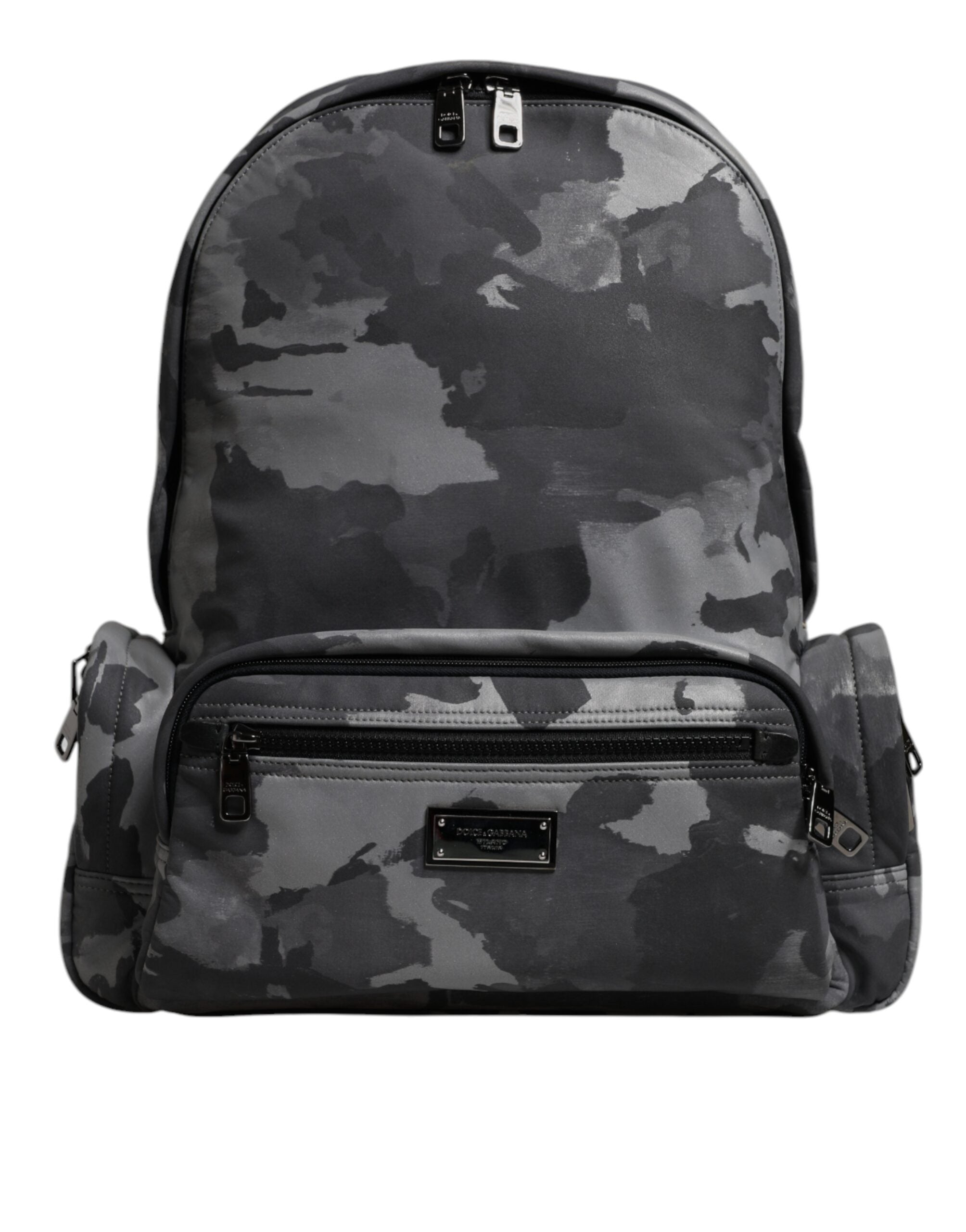 Dolce & Gabbana Gray Cotton Camouflage Logo Plaque Backpack Bag