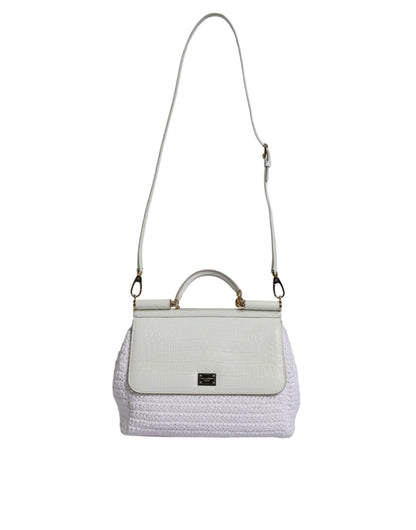 Dolce &amp; Gabbana White Raffia Leather Top Handle Crossbody Bag