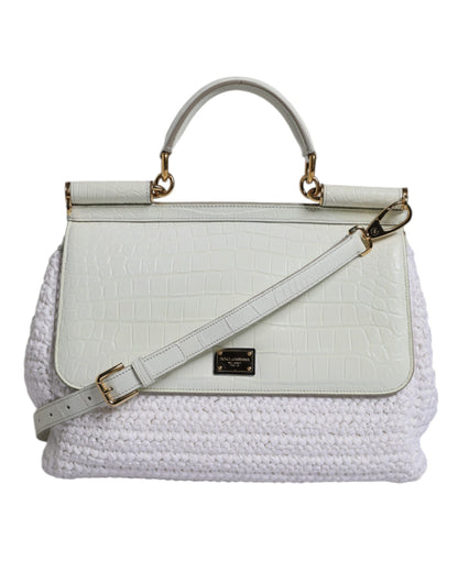 Dolce &amp; Gabbana White Raffia Leather Top Handle Crossbody Bag