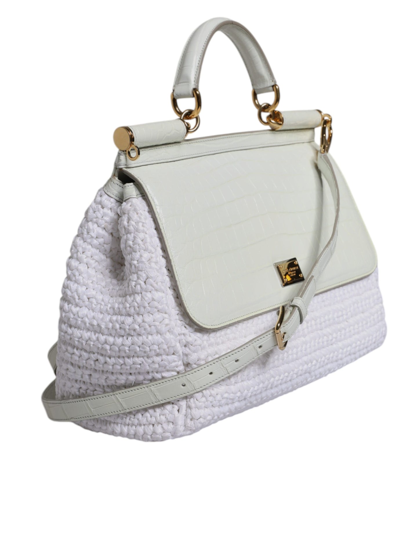 Dolce &amp; Gabbana White Raffia Leather Top Handle Crossbody Bag
