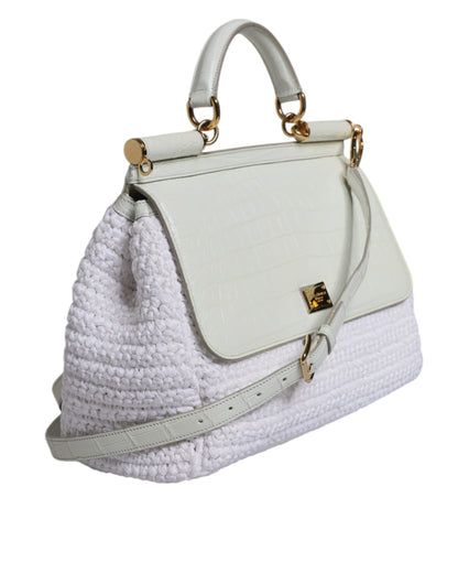 Dolce &amp; Gabbana White Raffia Leather Top Handle Crossbody Bag