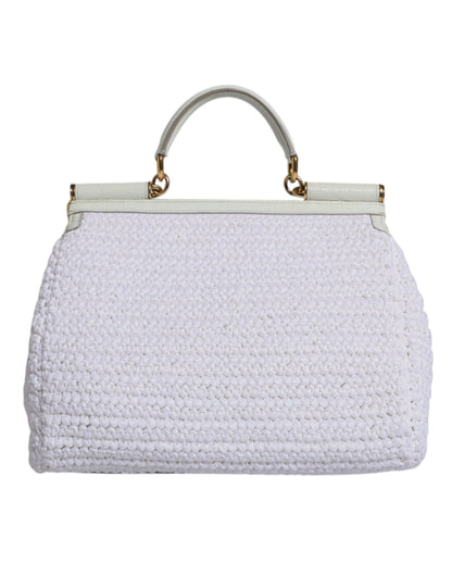 Dolce &amp; Gabbana White Raffia Leather Top Handle Crossbody Bag