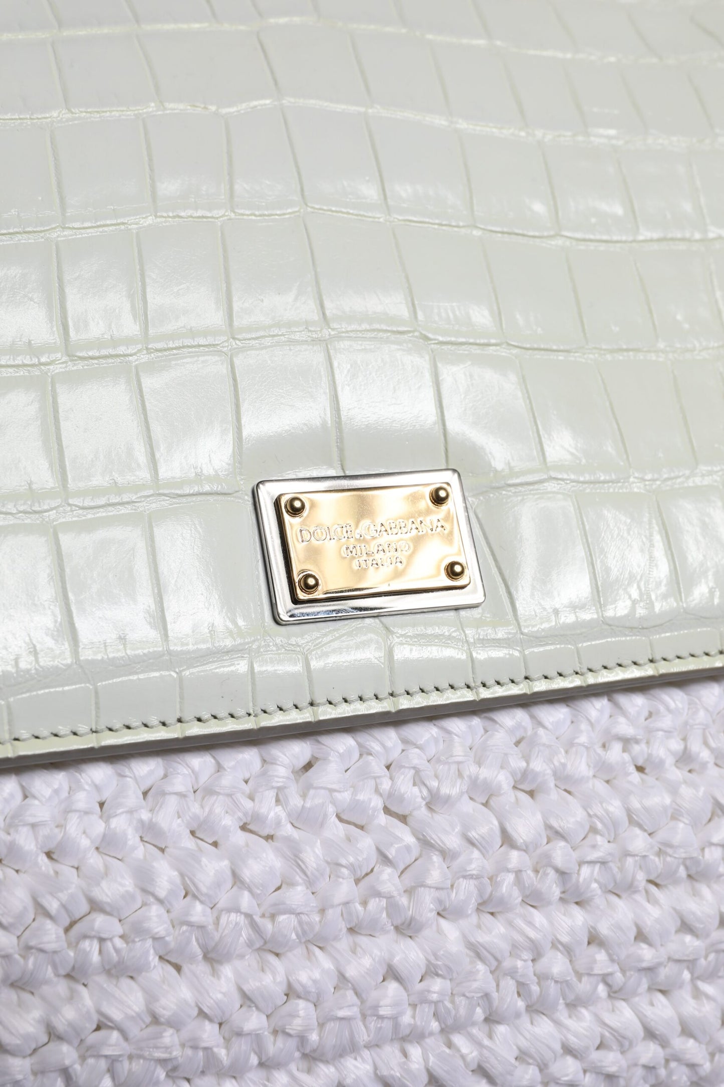 Dolce &amp; Gabbana White Raffia Leather Top Handle Crossbody Bag