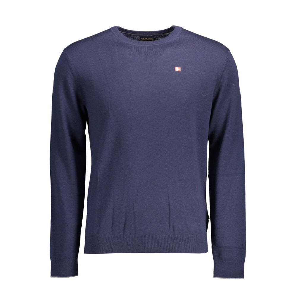 Blue crewneck sweater front view with small flag logo on the chest