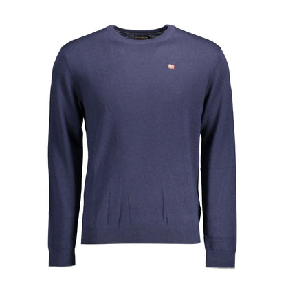 Blue crewneck sweater front view with small flag logo on the chest