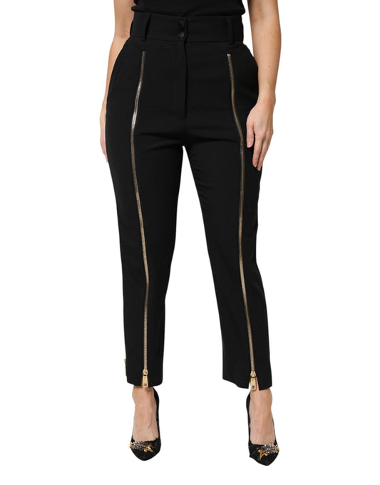 Dolce &amp; Gabbana Black Wool High Waist Zipper Tapered Pants
