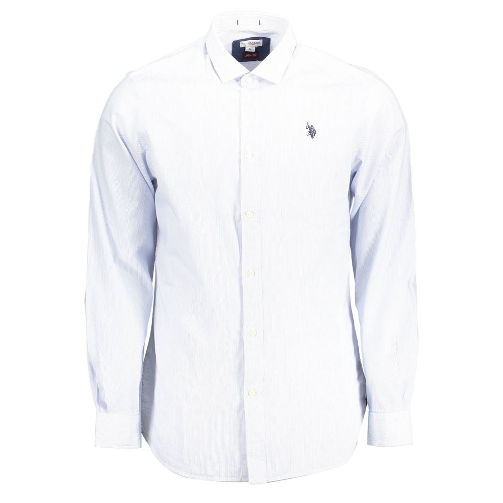 White long-sleeve shirt viewed from the front with buttons and embroidered logo on the chest.
