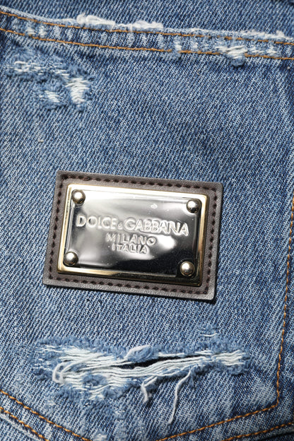 Dolce & Gabbana Blue Tattered Cotton Logo Plaque Denim Jeans