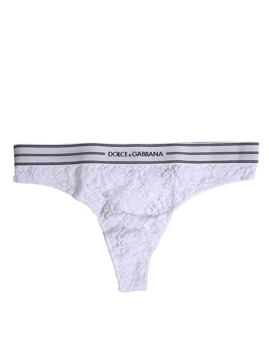 Dolce & Gabbana white nylon thong panty with floral lace