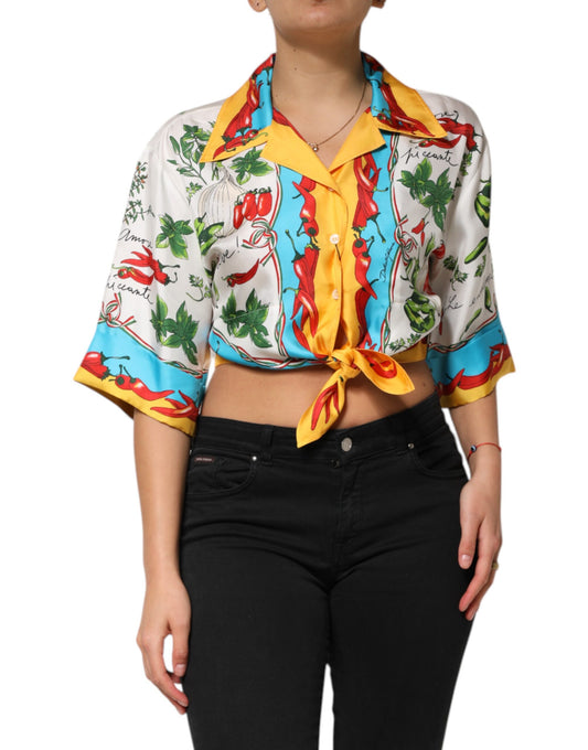 Dolce &amp; Gabbana Multicolor Chili Silk Cropped Blouse Top