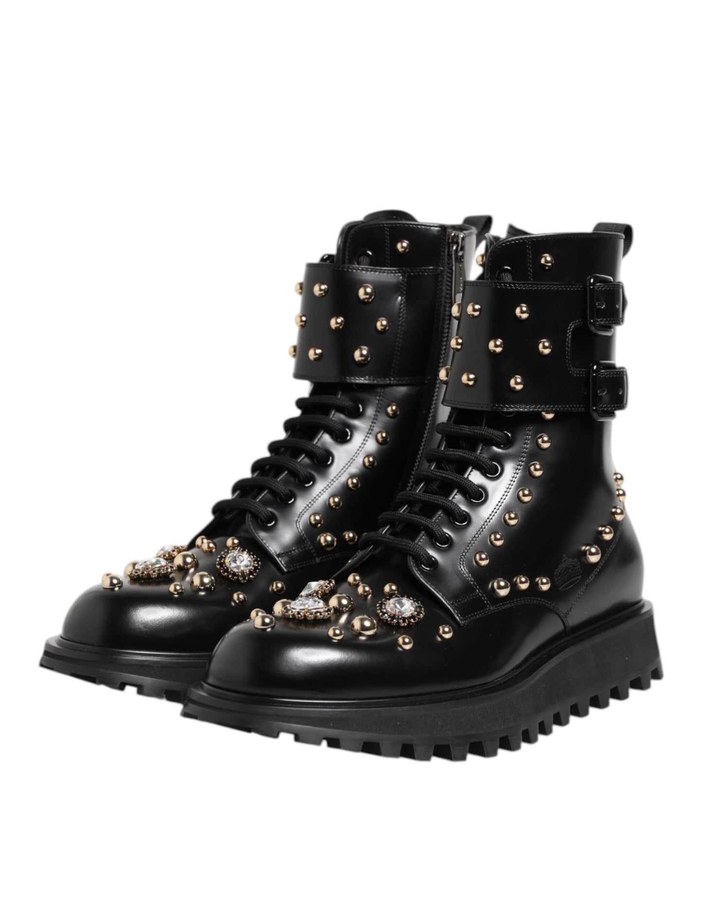 Dolce &amp; Gabbana Black Studded Lace Up Mid Calf Boots Shoes