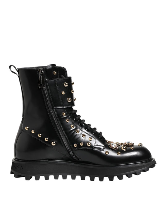 Dolce &amp; Gabbana Black Studded Lace Up Mid Calf Boots Shoes