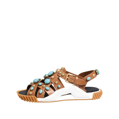 Dolce & Gabbana Brown Leather Studded Slides Sandals Shoes