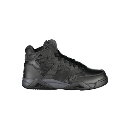 Black lace-up shoe in a high model viewed from the side with visible logo on heel and edge.