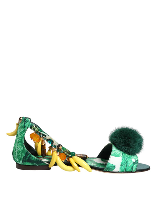 Dolce &amp; Gabbana Green Mink Fur Satin Banana Leaf Sandals Shoes