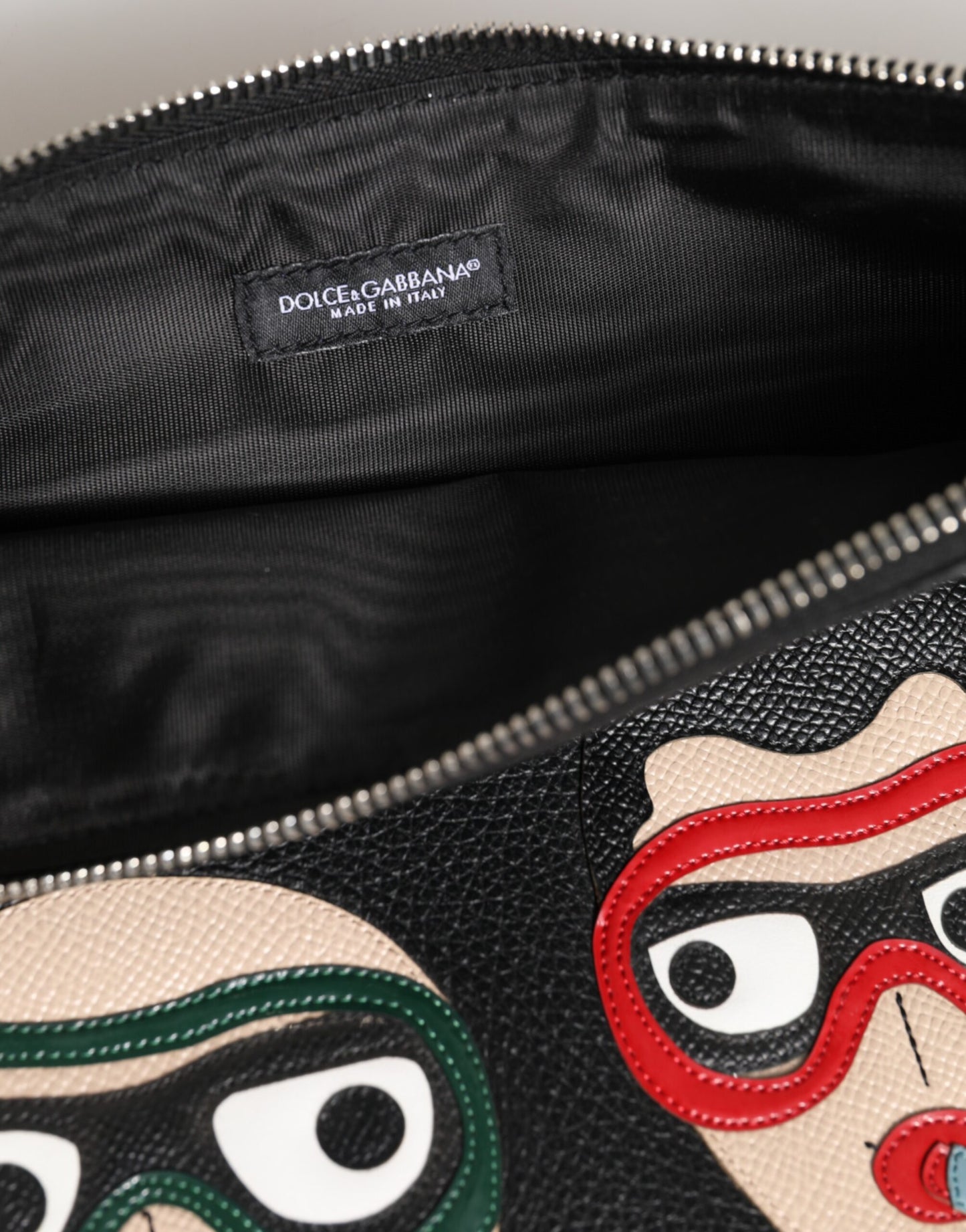 Dolce &amp; Gabbana Black Leather #DGFAMILY Embellished Men Clutch Pouch Bag