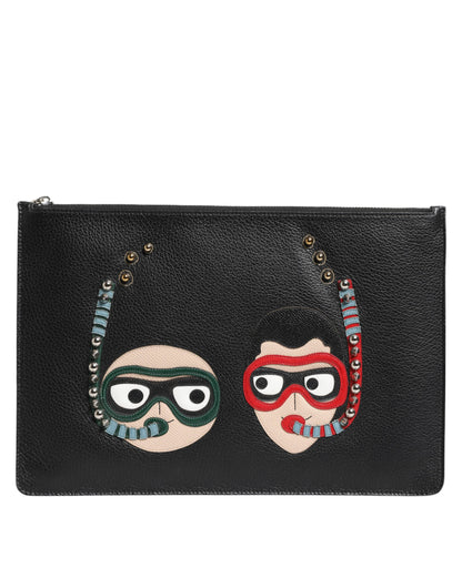 Dolce &amp; Gabbana Black Leather #DGFAMILY Embellished Men Clutch Pouch Bag