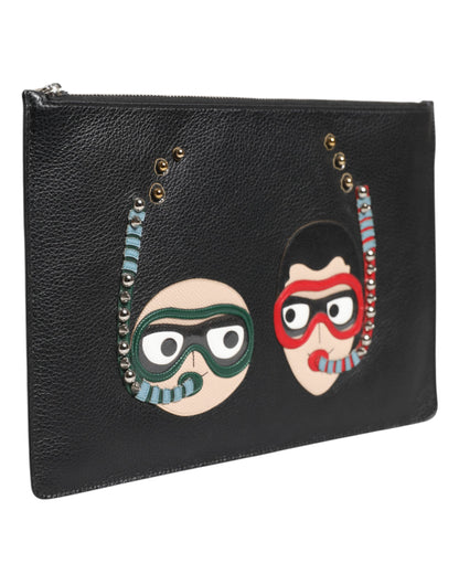 Dolce &amp; Gabbana Black Leather #DGFAMILY Embellished Men Clutch Pouch Bag