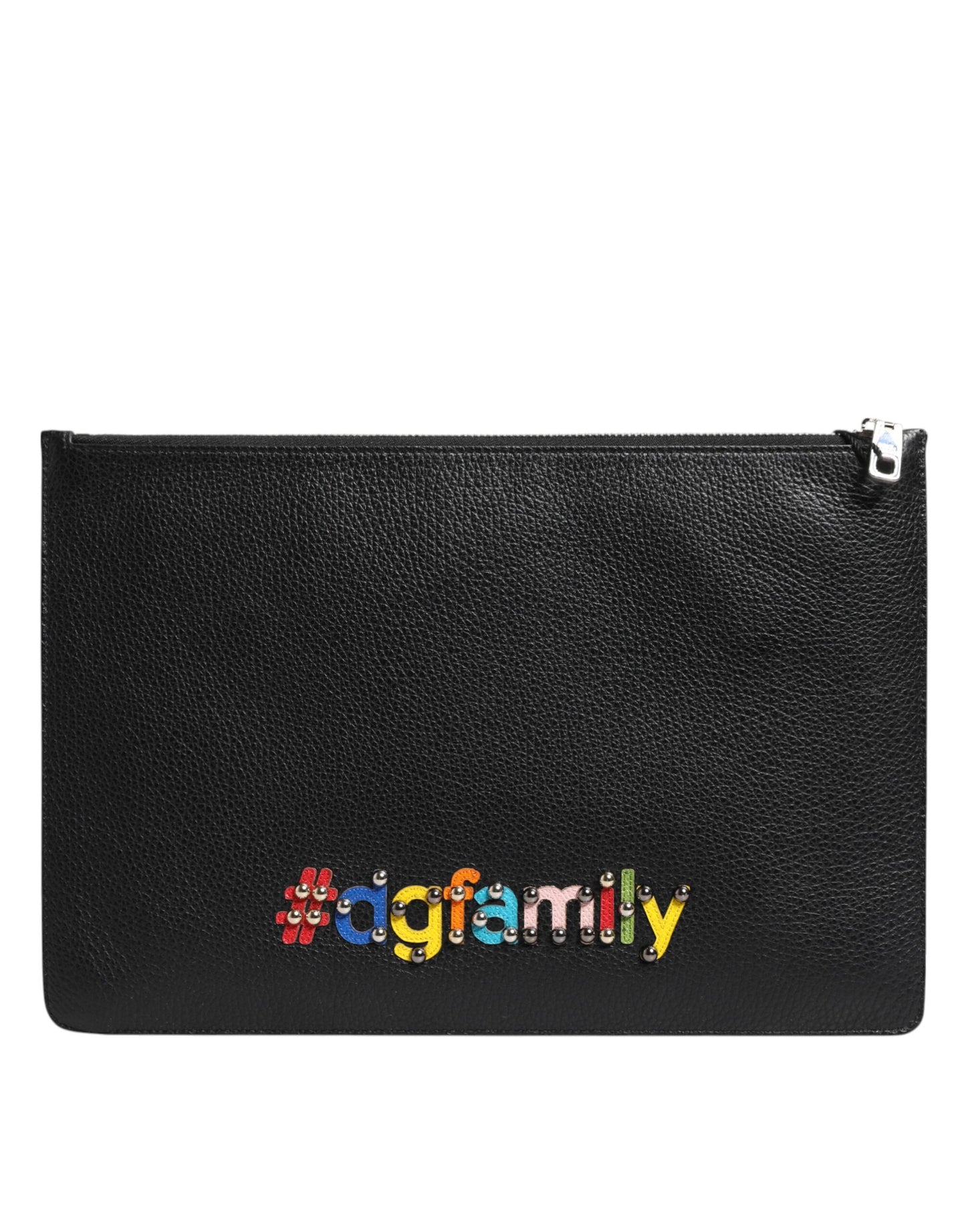 Dolce &amp; Gabbana Black Leather #DGFAMILY Embellished Men Clutch Pouch Bag