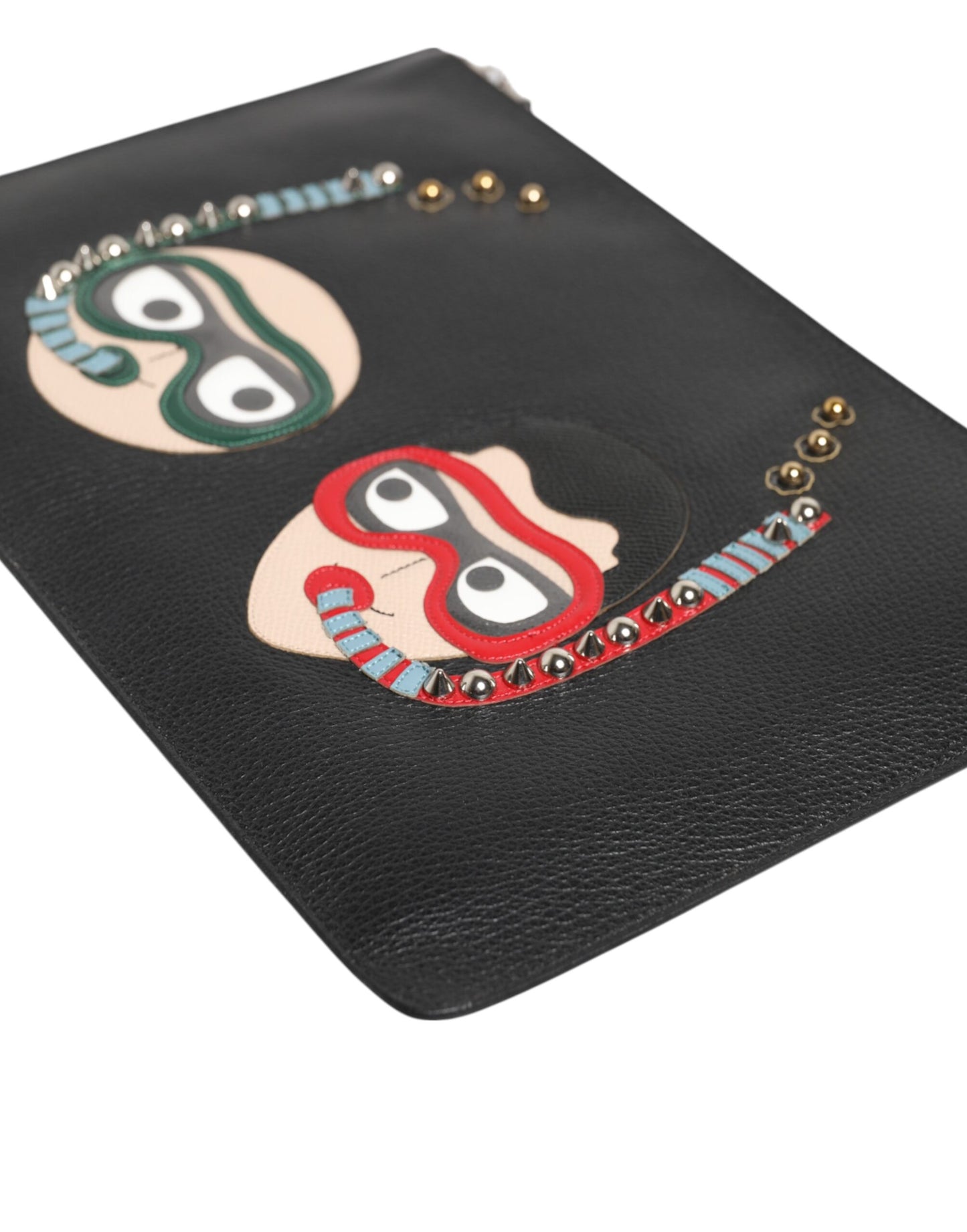 Dolce &amp; Gabbana Black Leather #DGFAMILY Embellished Men Clutch Pouch Bag