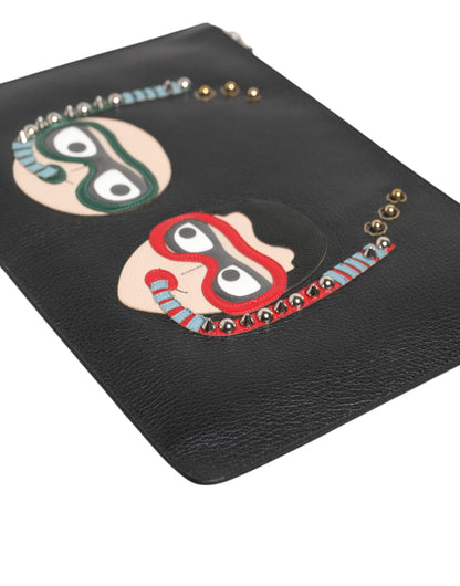 Dolce &amp; Gabbana Black Leather #DGFAMILY Embellished Men Clutch Pouch Bag