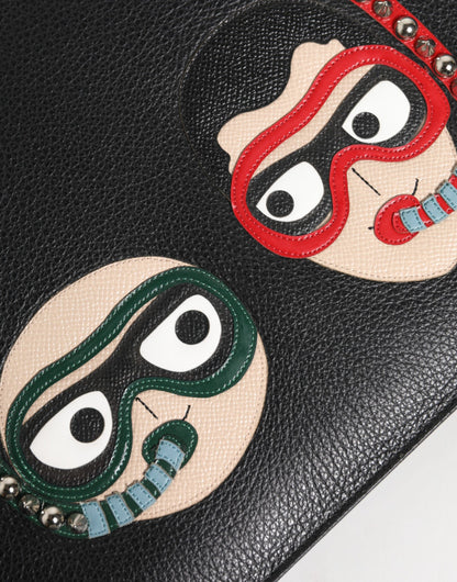 Dolce &amp; Gabbana Black Leather #DGFAMILY Embellished Men Clutch Pouch Bag