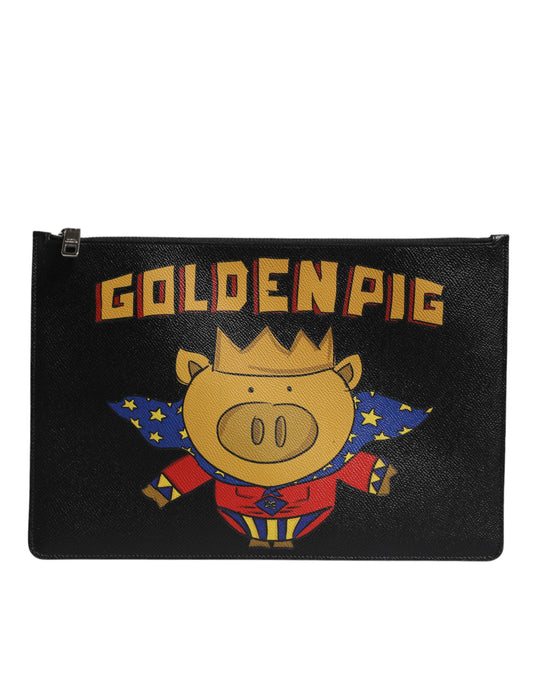 Dolce &amp; Gabbana Black Leather Golden Pig Print Men Clutch Pouch Borse Bag