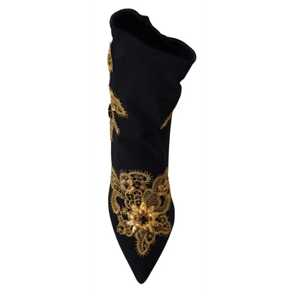 Dolce & Gabbana Black Gold Embroidery Crystal Boots Shoes