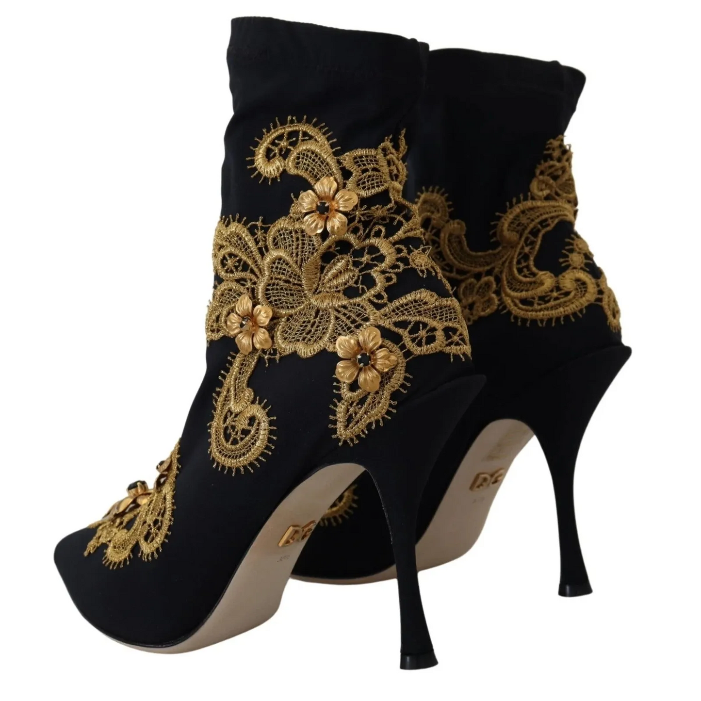 Dolce & Gabbana Black Gold Embroidery Crystal Boots Shoes