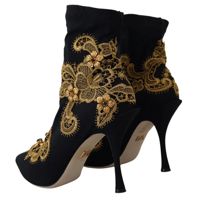 Dolce & Gabbana Black Gold Embroidery Crystal Boots Shoes