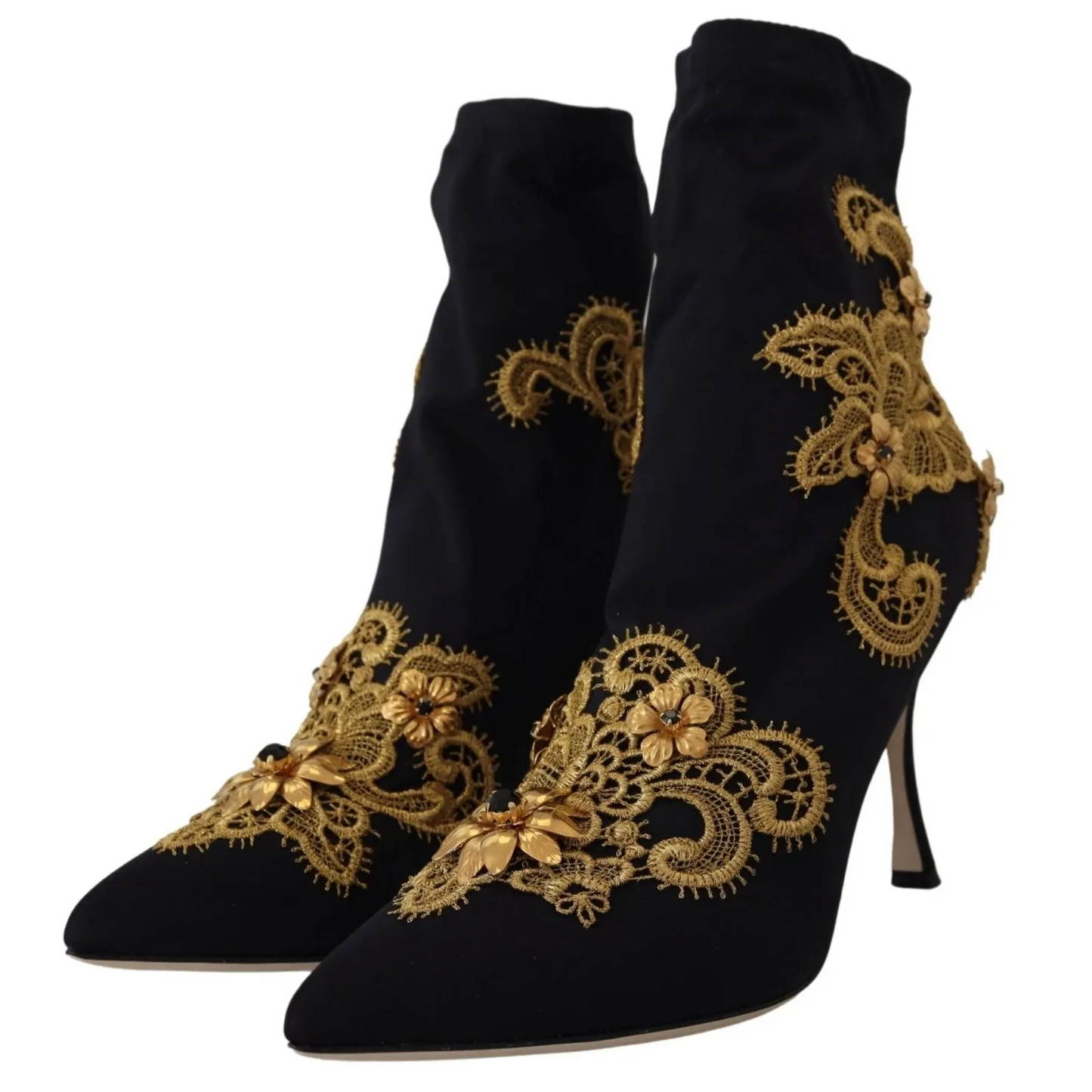 Dolce & Gabbana Black Gold Embroidery Crystal Boots Shoes
