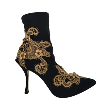 Dolce & Gabbana Black Gold Embroidery Crystal Boots Shoes