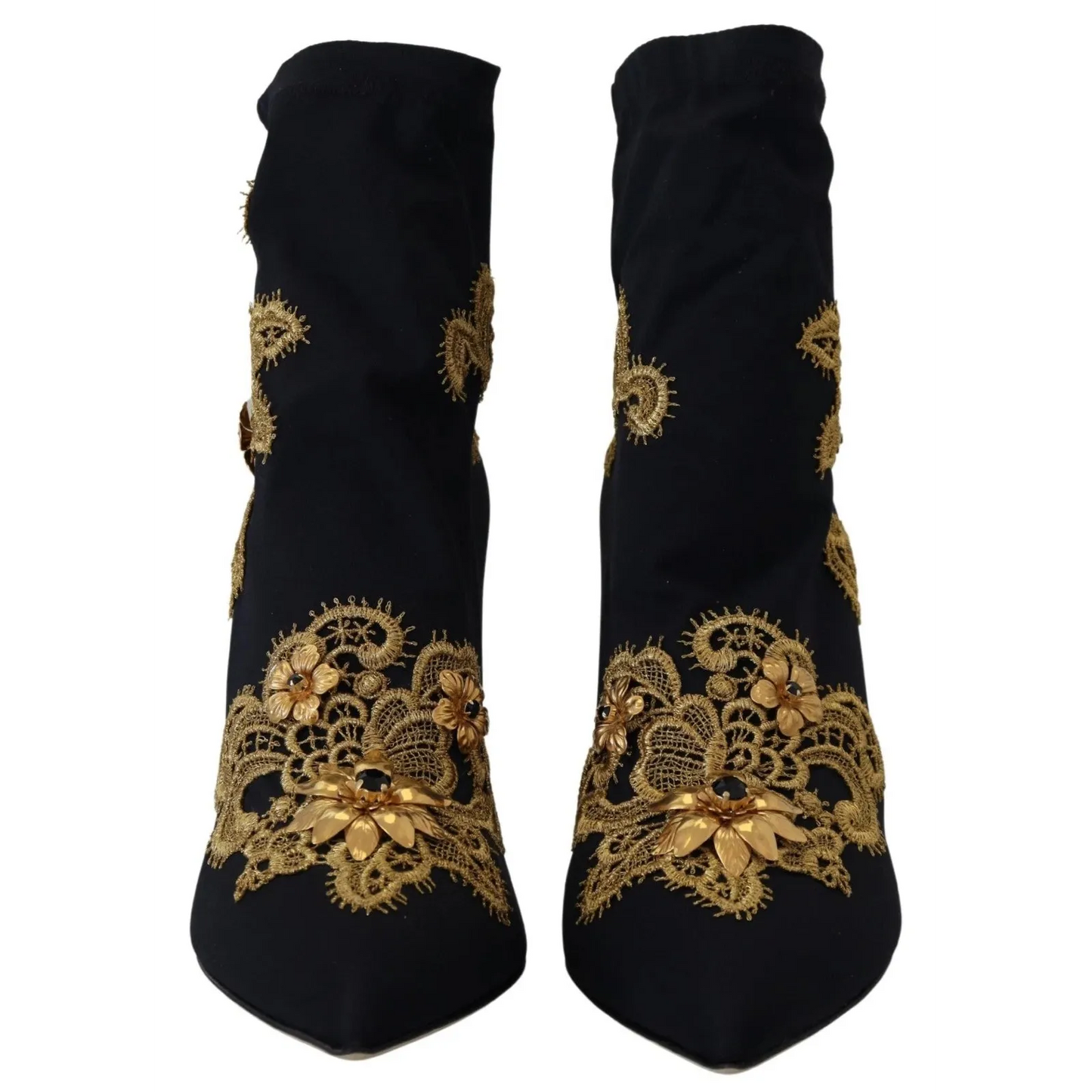 Dolce & Gabbana Black Gold Embroidery Crystal Boots Shoes
