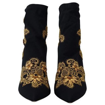 Dolce & Gabbana Black Gold Embroidery Crystal Boots Shoes