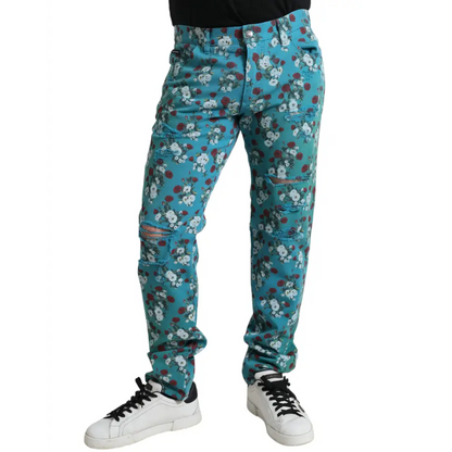 Dolce & Gabbana blå floral print skinny bomuldsjeans med hvide og røde blomster